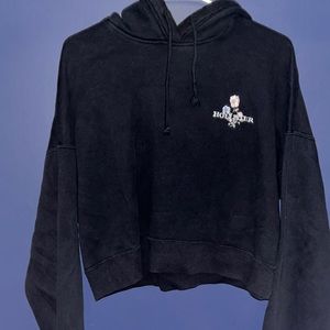 Black Hollister Cropped Hoodie With Floral Embroidery Size L